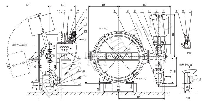 重锤式自动保压液控缓闭止回蝶阀外形及连接尺寸图（DN≥600）