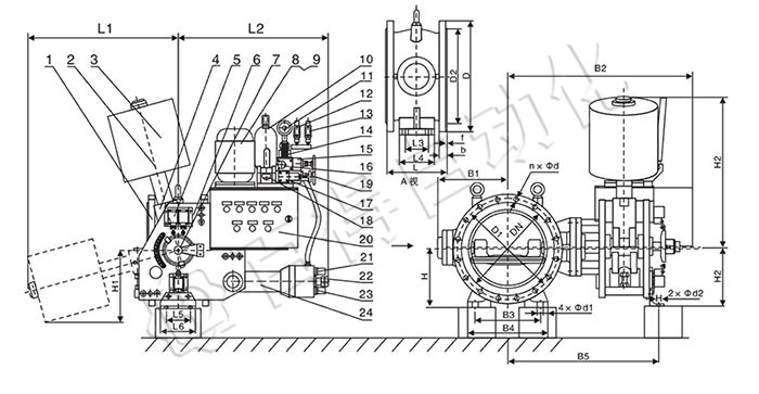 重锤式自动保压液控缓闭止回蝶阀外形及连接尺寸图（DN≤500）