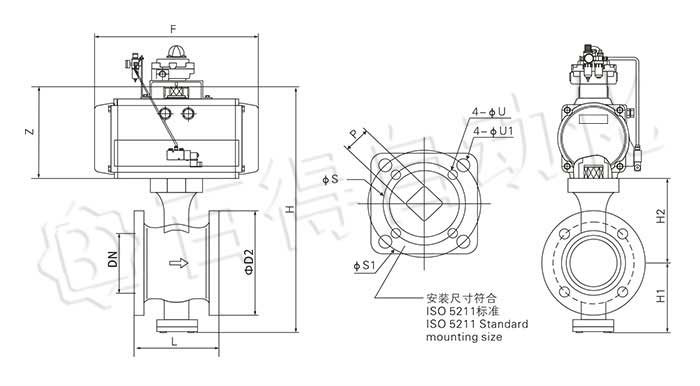 气动法兰式V型球阀外形尺寸图